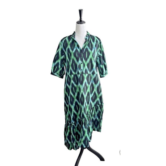 Women's Scoop Asymmetric Ruffle Midi Dress Women's Sz L (12-14) Black Green - Picture 1 of 16